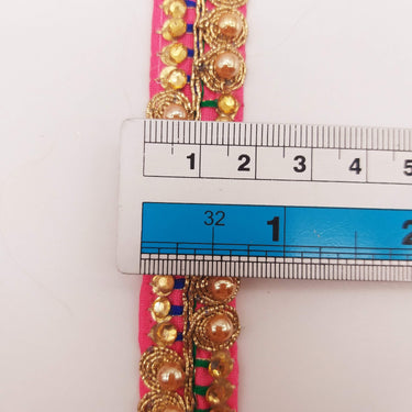 Cerise Pink Fabric Embroidered Trim with Gold Beads, Decorative Sari Trim, Trim By 3 Yards